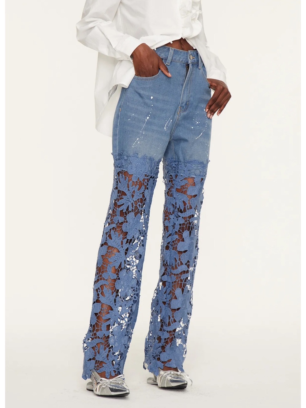 Women's Blue Straight-Leg Veda Jeans with Lace Panels - Picture 3 of 9
